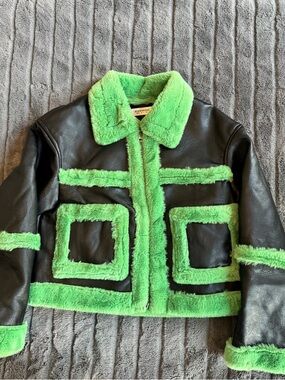 Glamorous Black Jacket with Bright Green Faux Fur Trim